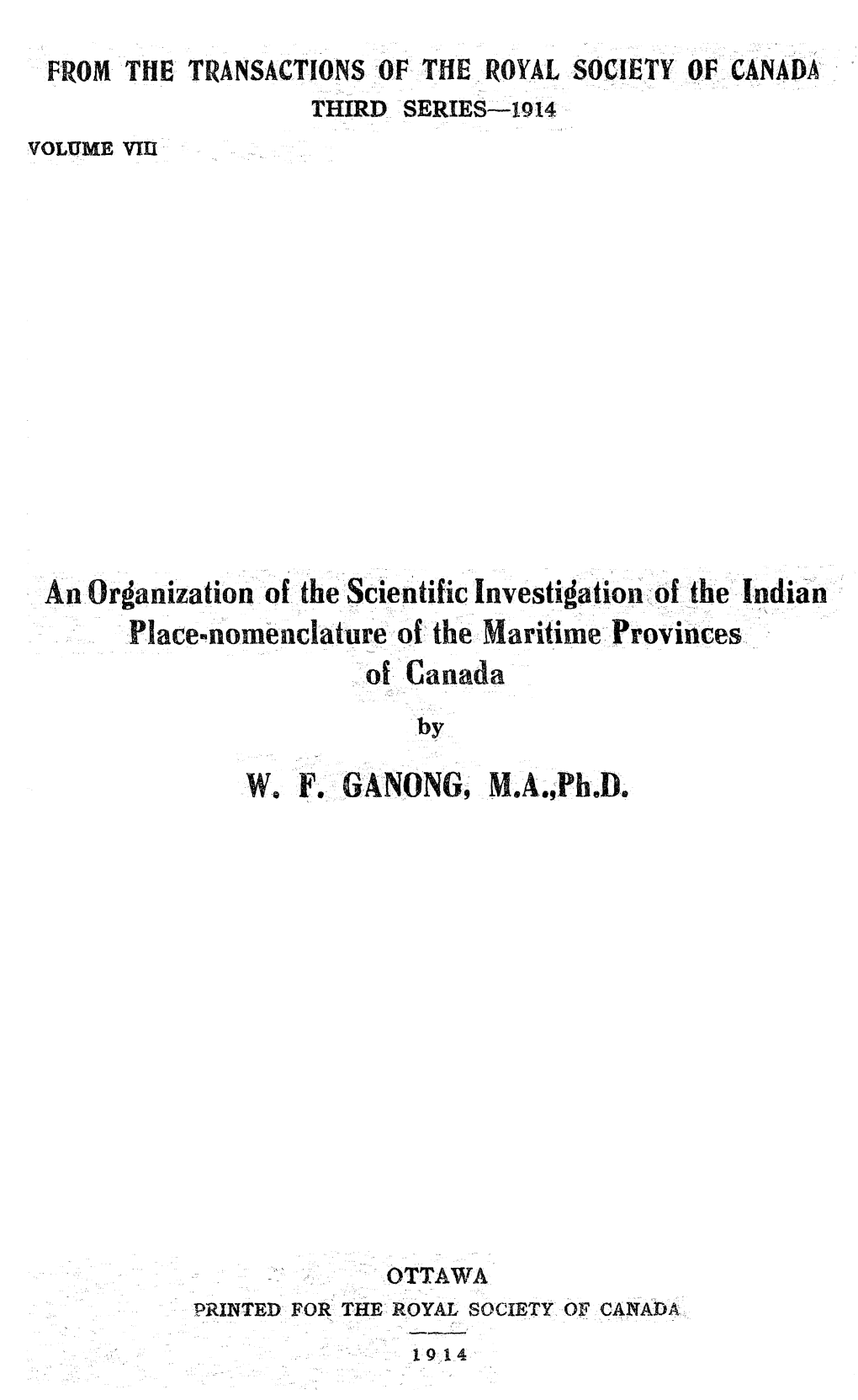 An Organization of the Scientific Investigation of the Indian Place«Nomenclatiire of the Maritime Provinces of Canada by W