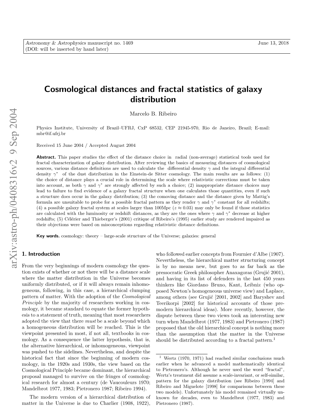 Cosmological Distances and Fractal Statistics of Galaxy Distribution