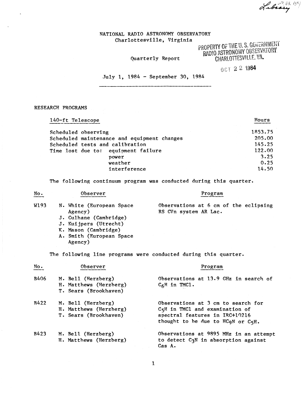 RADIO ASTRONOMY OBERVTORY Quarterly Report CHARLOTTESVILLE, VA