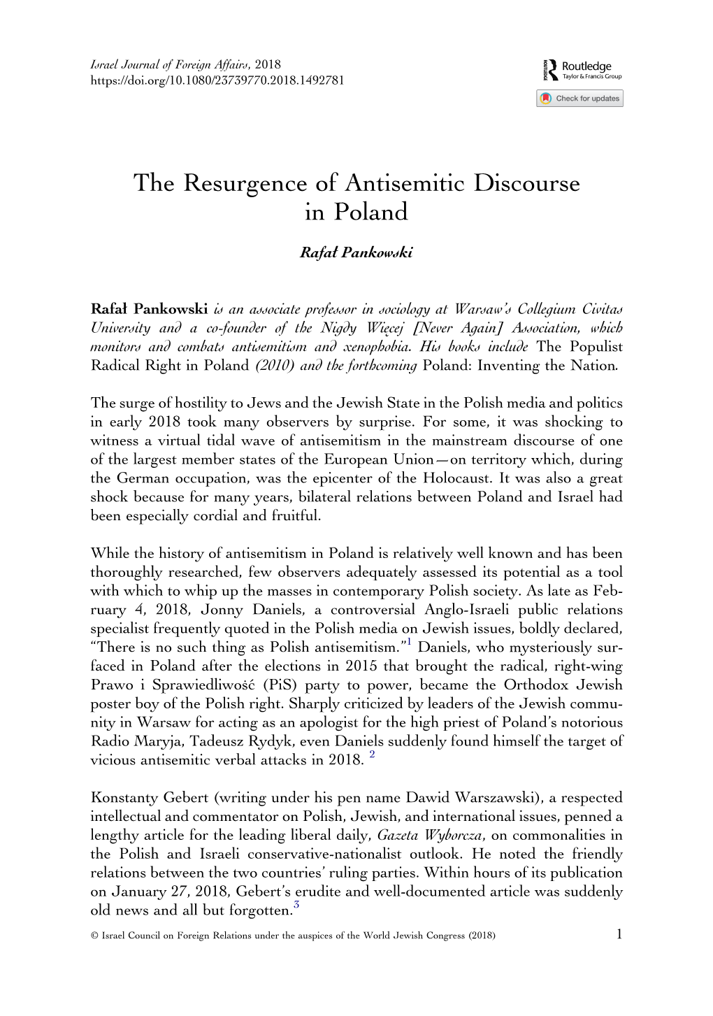 The Resurgence of Antisemitic Discourse in Poland Rafał Pankowski