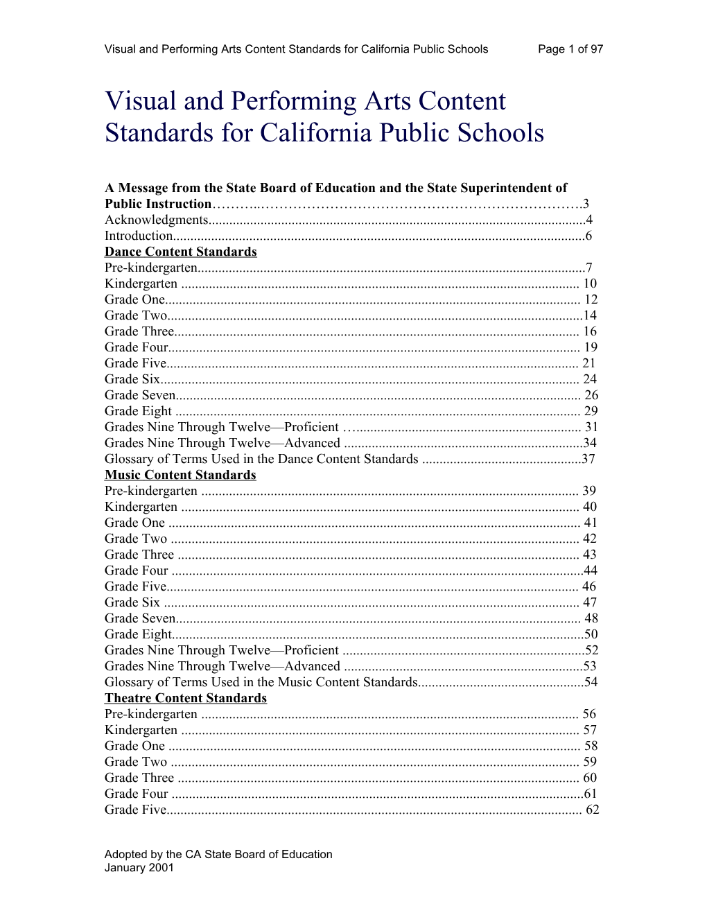 Visual and Performing Arts Content Standards - Content Standards (CA Department of Education)