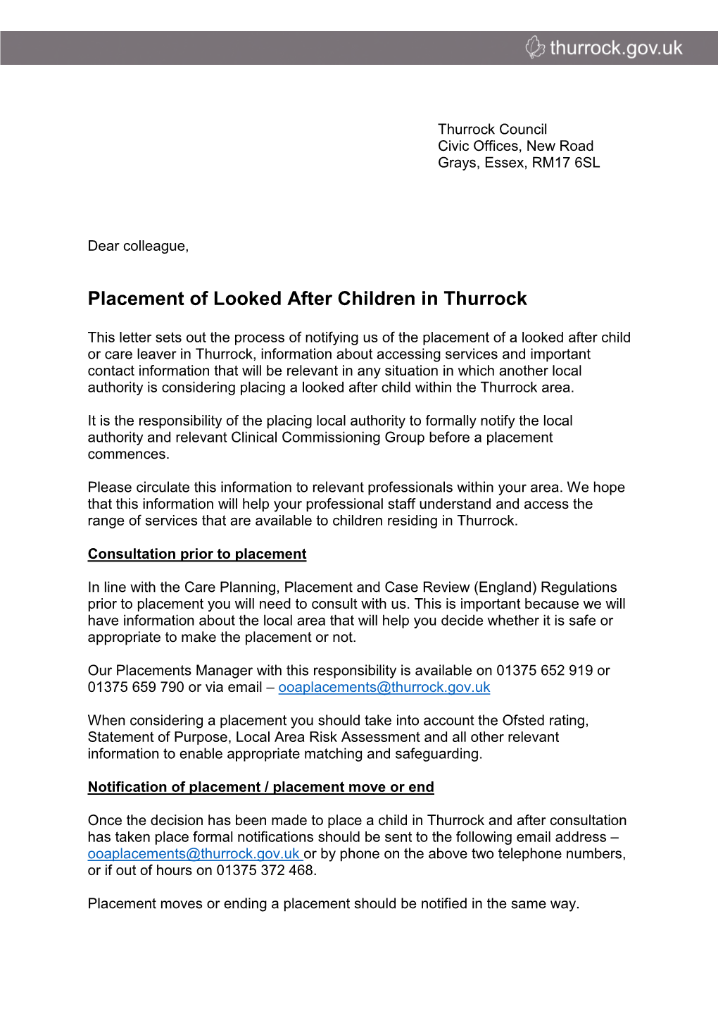 Placement of Looked After Children in Thurrock (Letter to Colleagues)