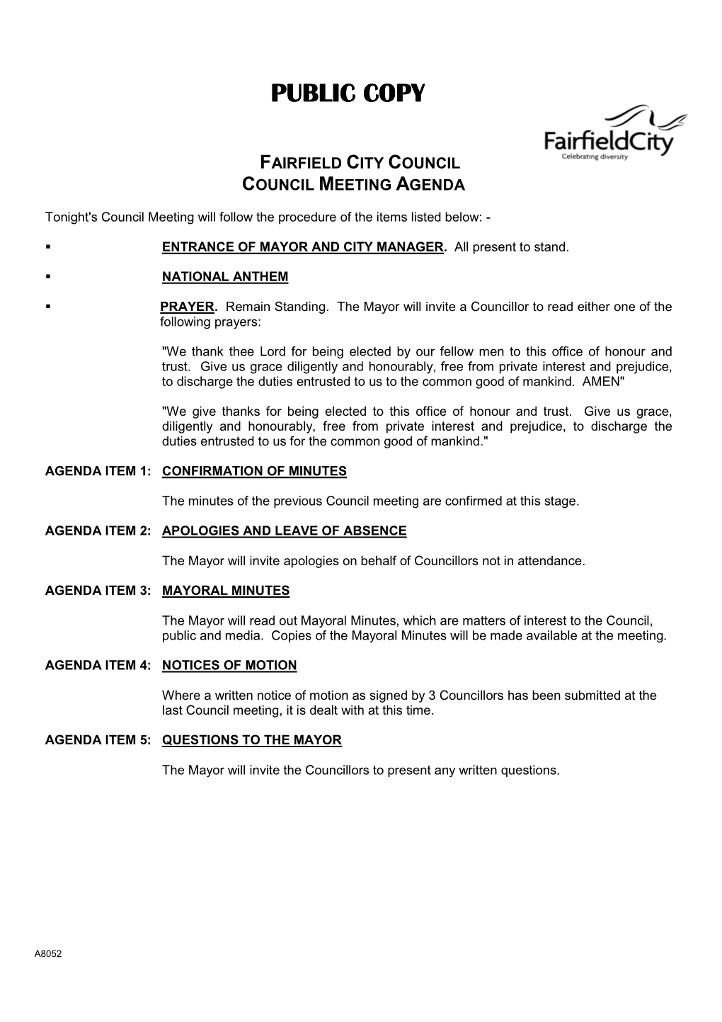 Agenda of Ordinary Council