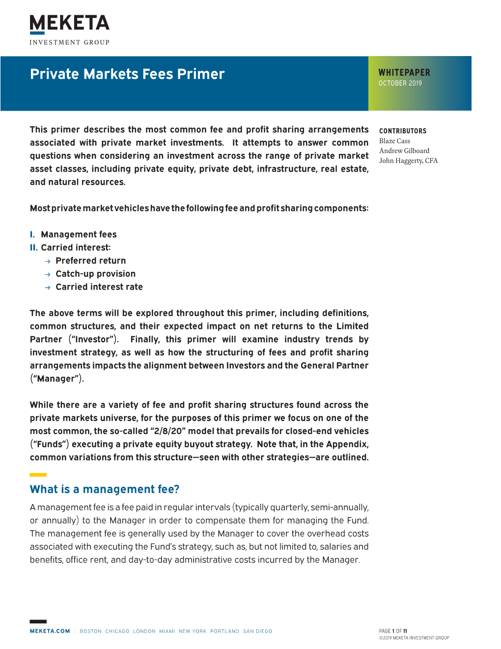 Private Markets Fees Primer WHITEPAPER OCTOBER 2019