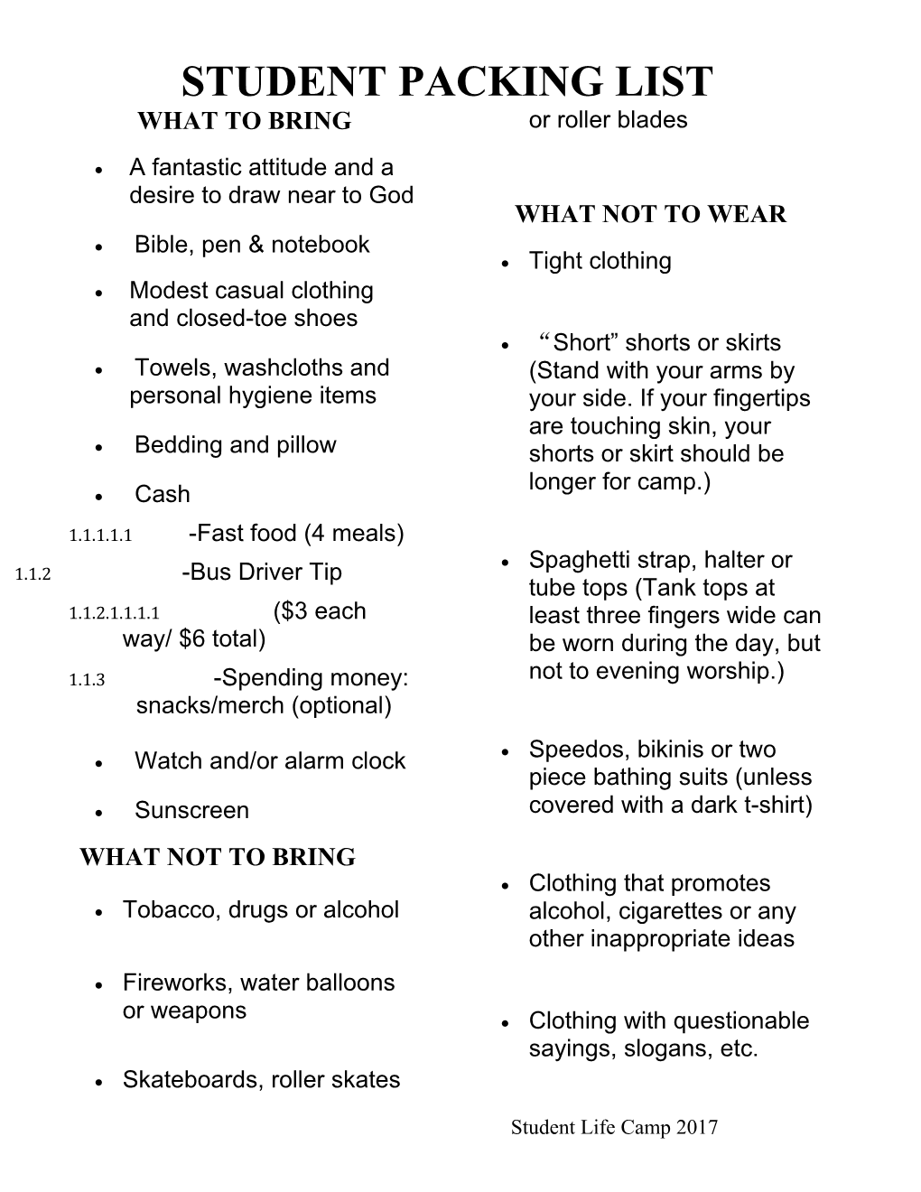 Student Packing List