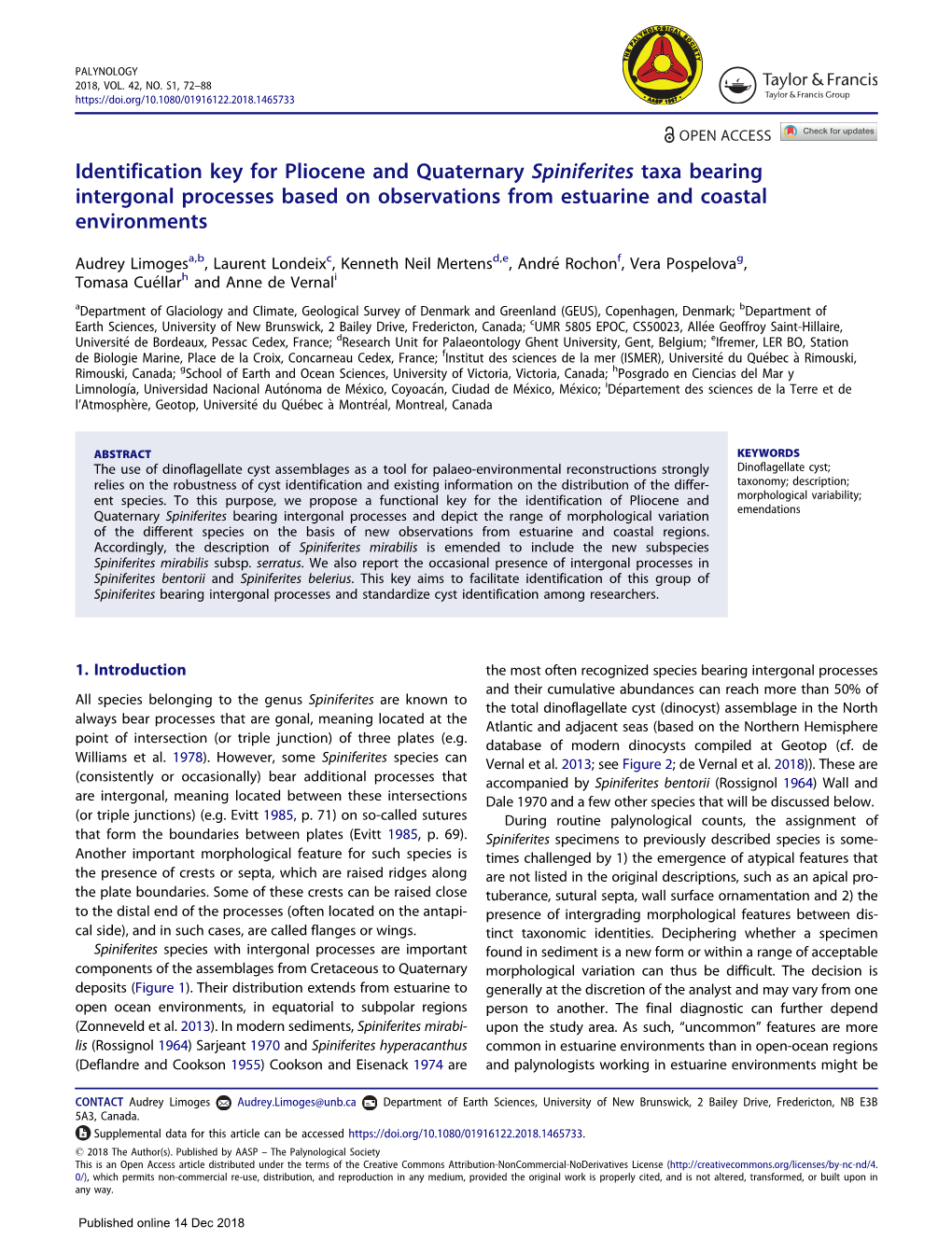 Identification Key for Pliocene and Quaternary Spiniferites Taxa Bearing Intergonal Processes Based on Observations from Estuarine and Coastal Environments