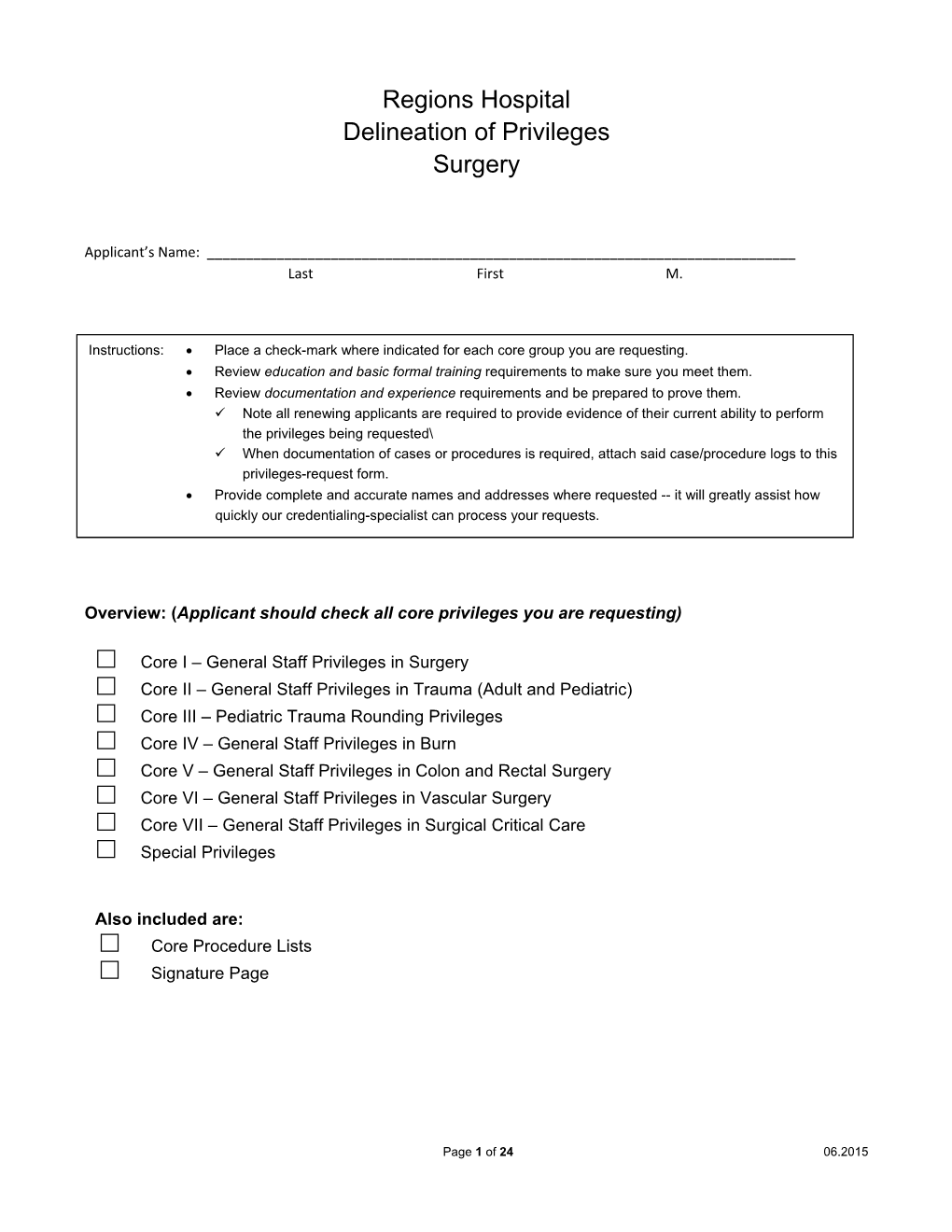 Regions Hospital Delineation of Privileges Surgery