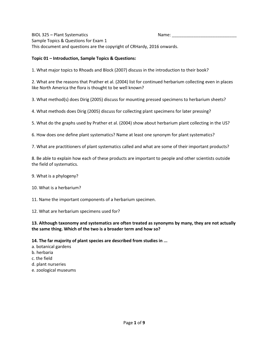 Page 1 of 9 BIOL 325 – Plant Systematics Name