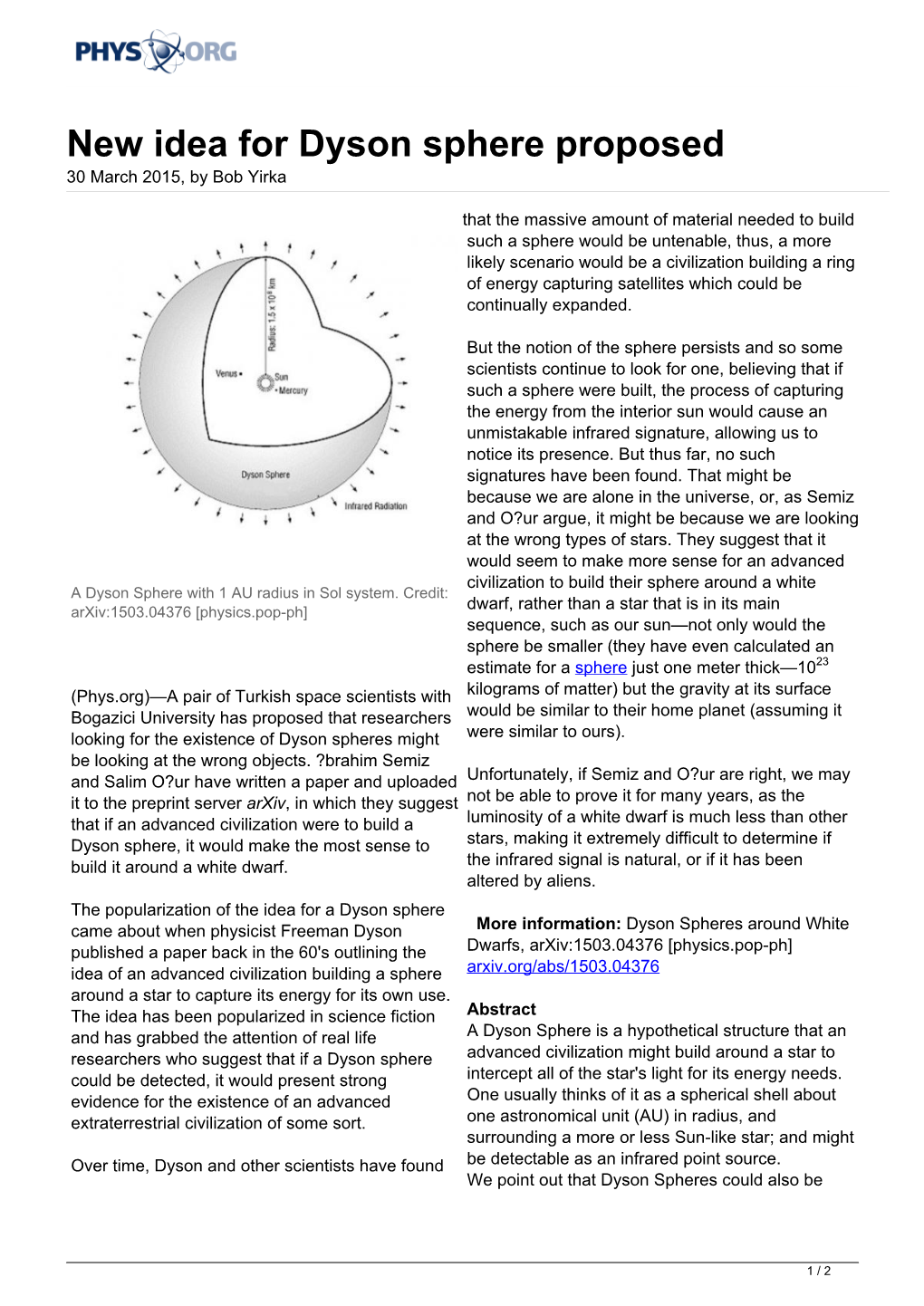 New Idea for Dyson Sphere Proposed 30 March 2015, by Bob Yirka