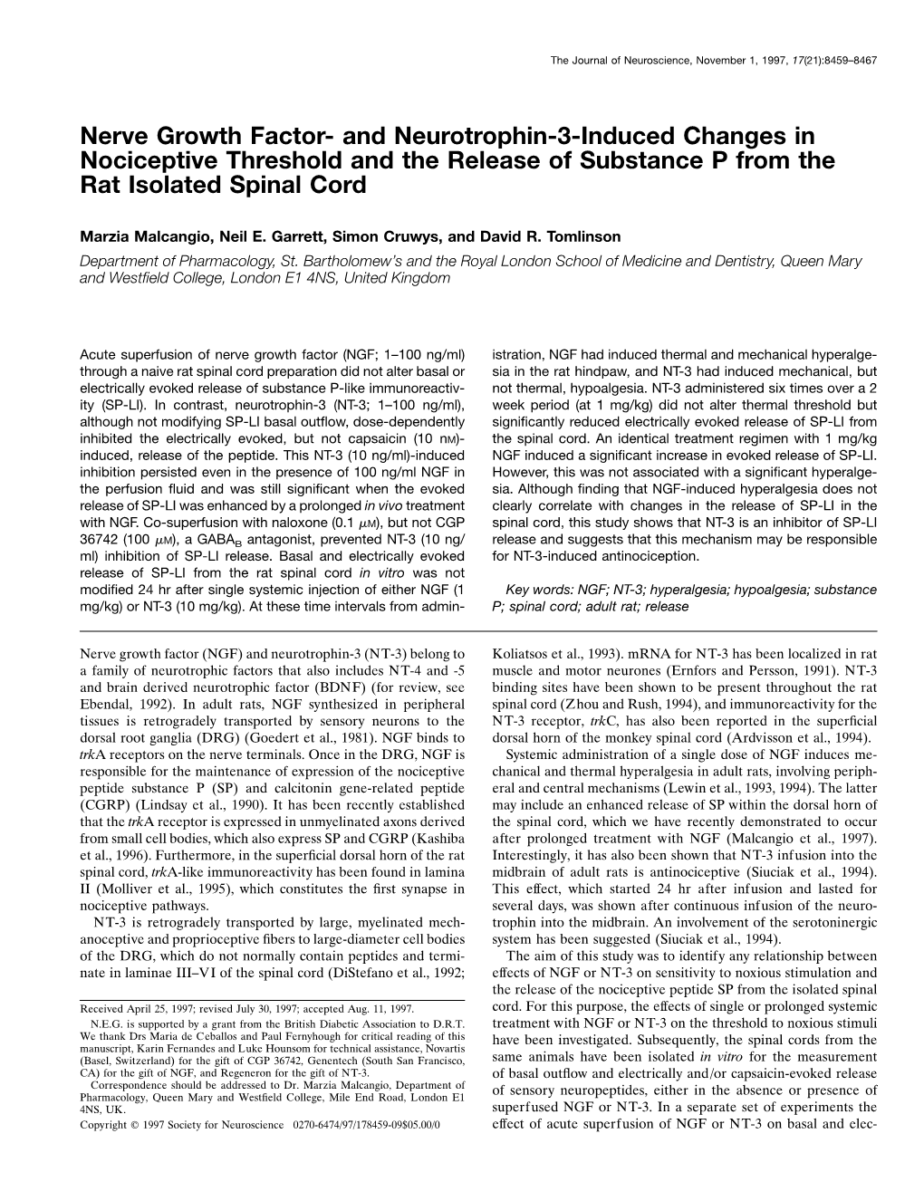 Nerve Growth Factor- and Neurotrophin-3-Induced Changes in Nociceptive Threshold and the Release of Substance P from the Rat Isolated Spinal Cord