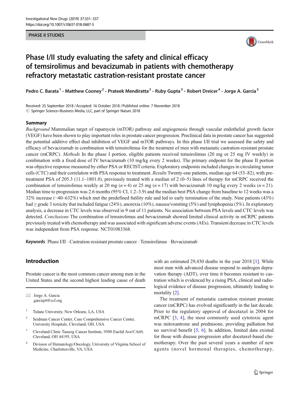 Phase I/II Study Evaluating the Safety and Clinical Efficacy of Temsirolimus and Bevacizumab in Patients with Chemotherapy Refra