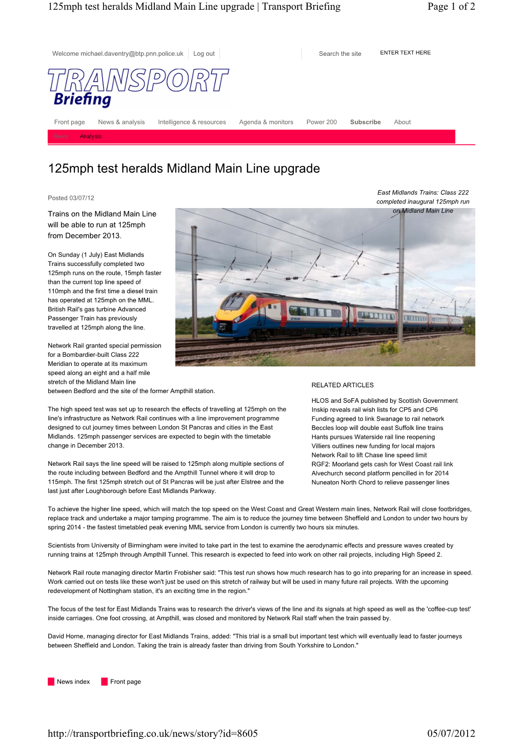 125Mph Test Heralds Midland Main Line Upgrade | Transport Briefing Page 1 of 2