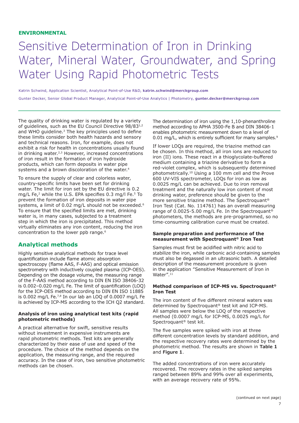 Sensitive Determination of Iron in Drinking Water, Mineral Water, Groundwater, and Spring Water Using Rapid Photometric Tests