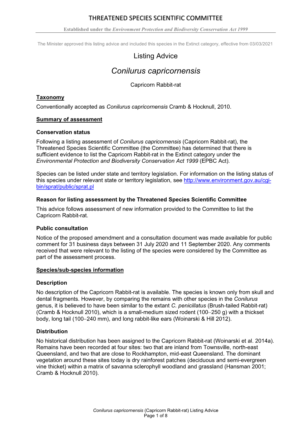 Listing Advice and Included This Species in the Extinct Category, Effective from 03/03/2021 Listing Advice Conilurus Capricornensis