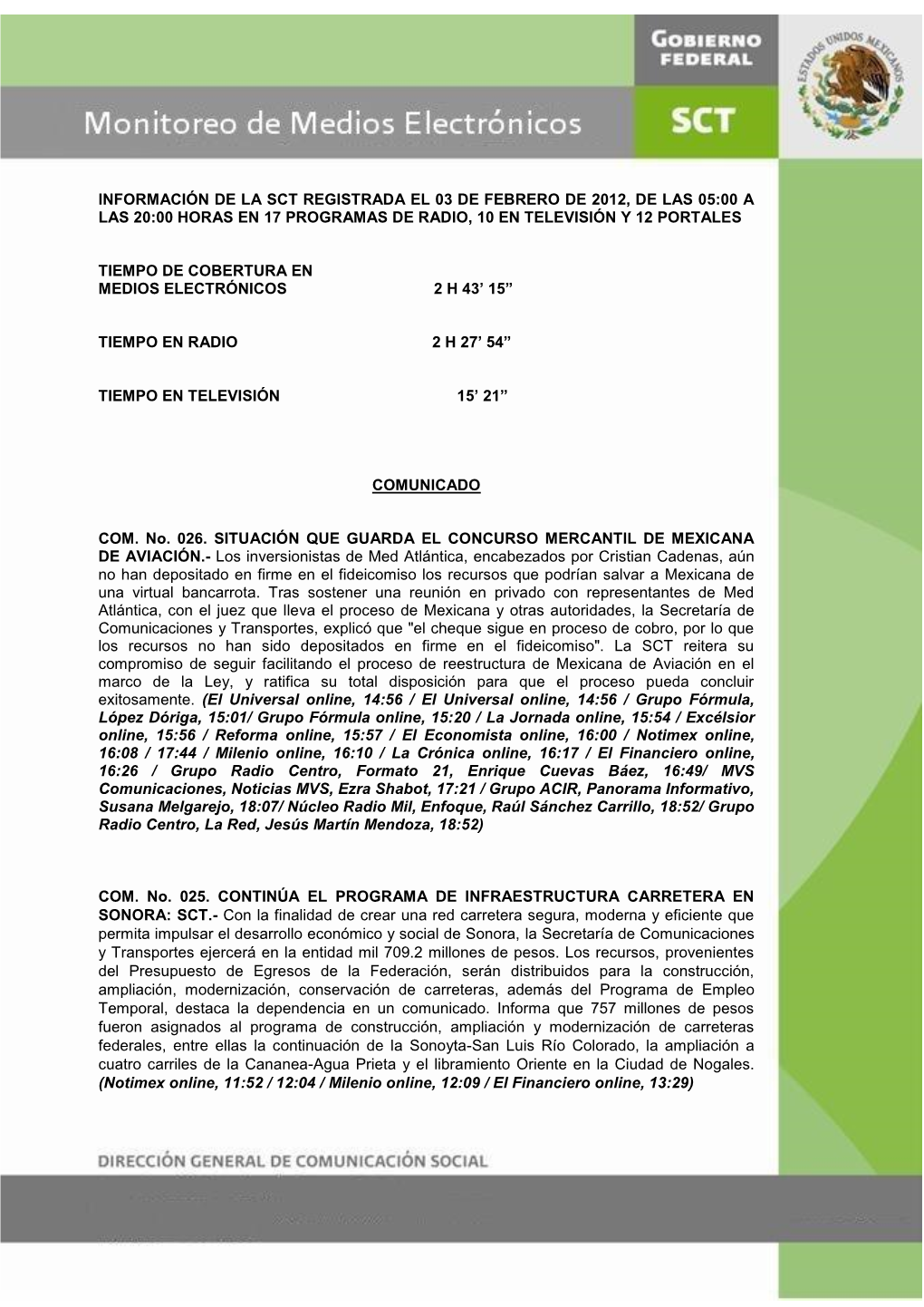 Información De La Sct Registrada El 31 De Agosto