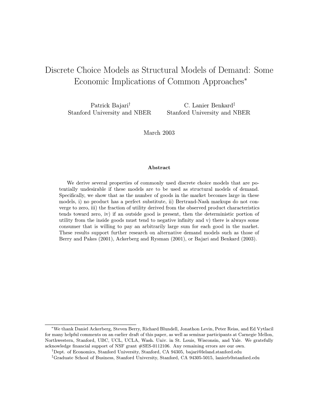 Discrete Choice Models As Structural Models of Demand: Some Economic Implications of Common Approaches∗