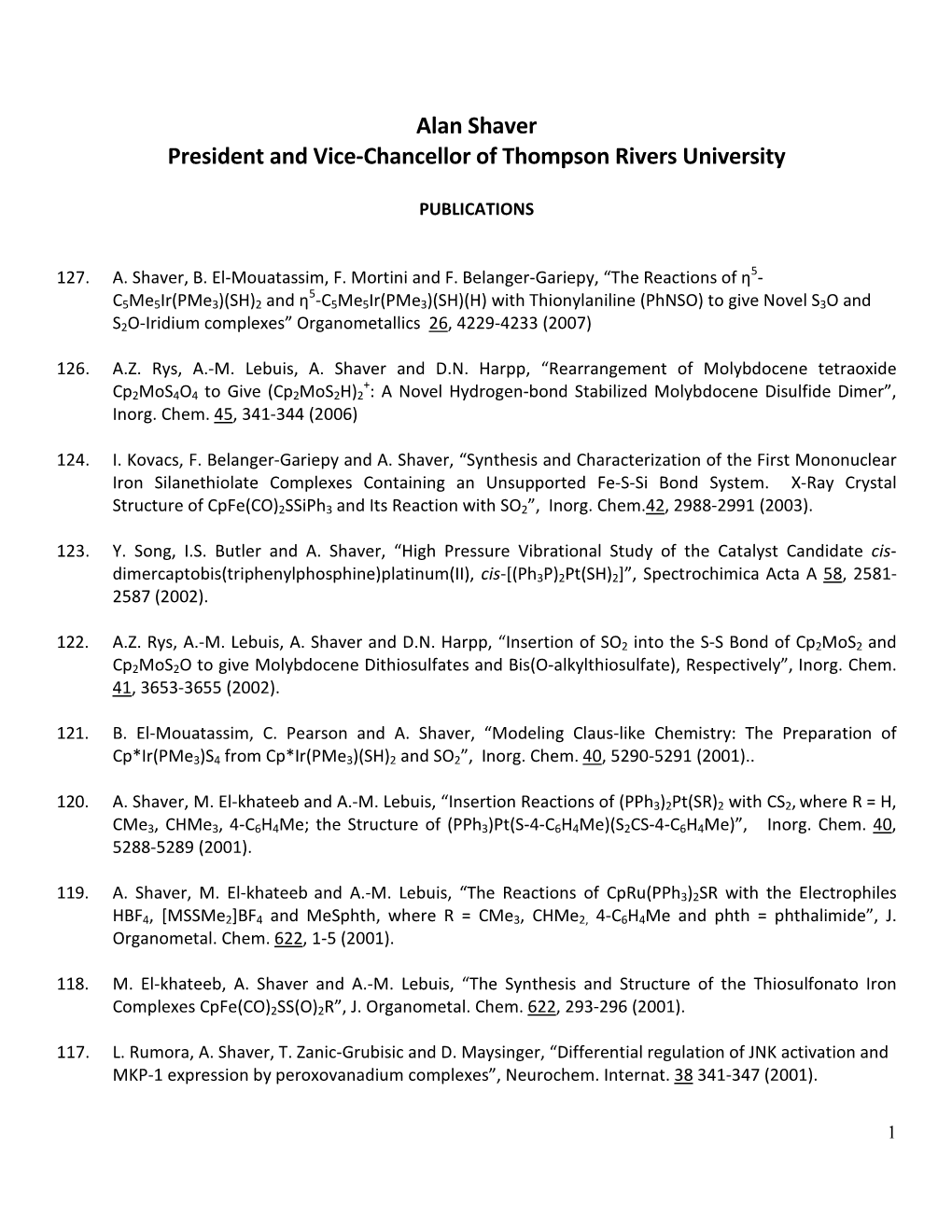 TRU President Alan Shaver, List of Publications