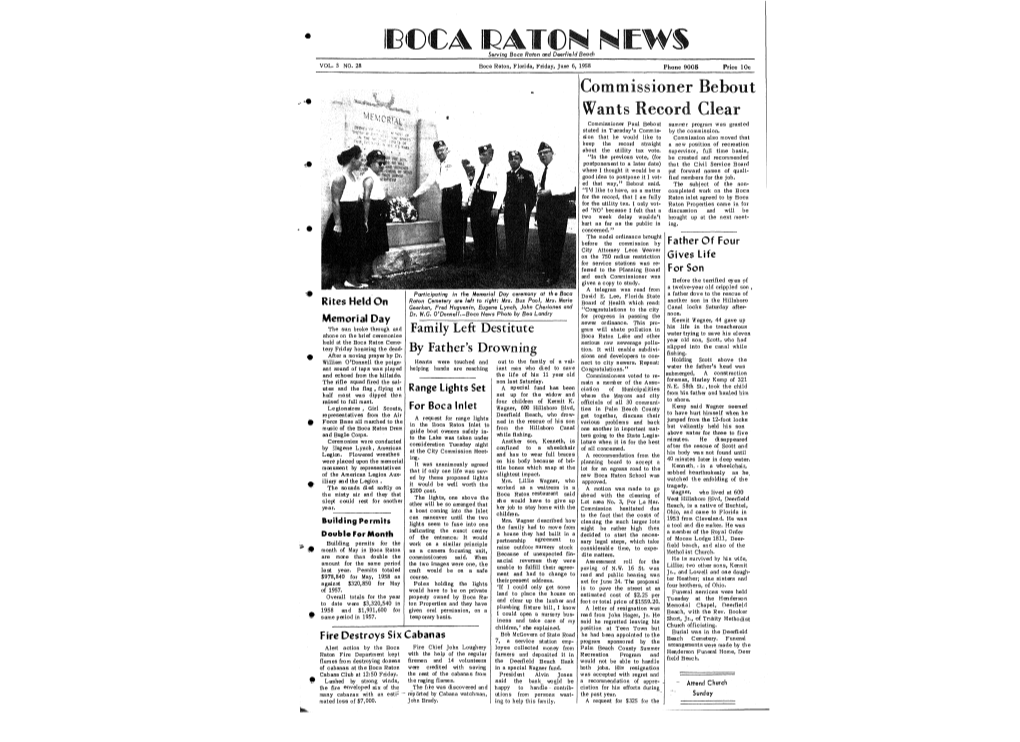 6, 1958 Phone 9005 Price 10C Commissioner Bebout Wants Record Clear Commissioner Paul Bebout Summer Program Was Granted Stated in Tuesday's Commis- by the Commission