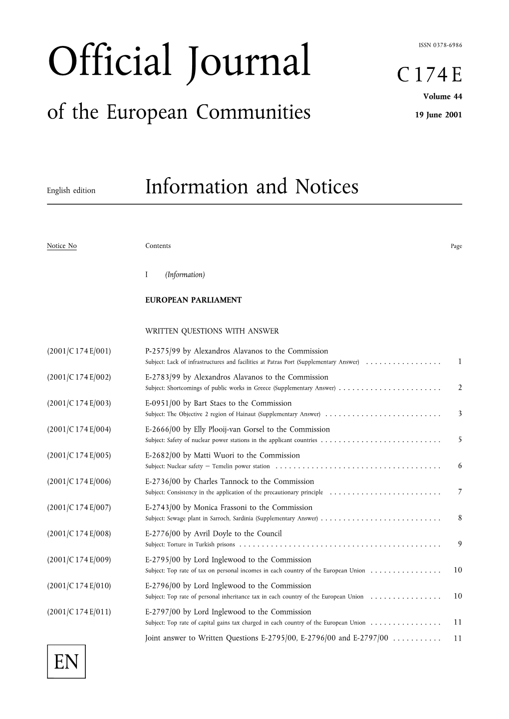 Official Journal C 174 E Volume 44 of the European Communities 19 June 2001
