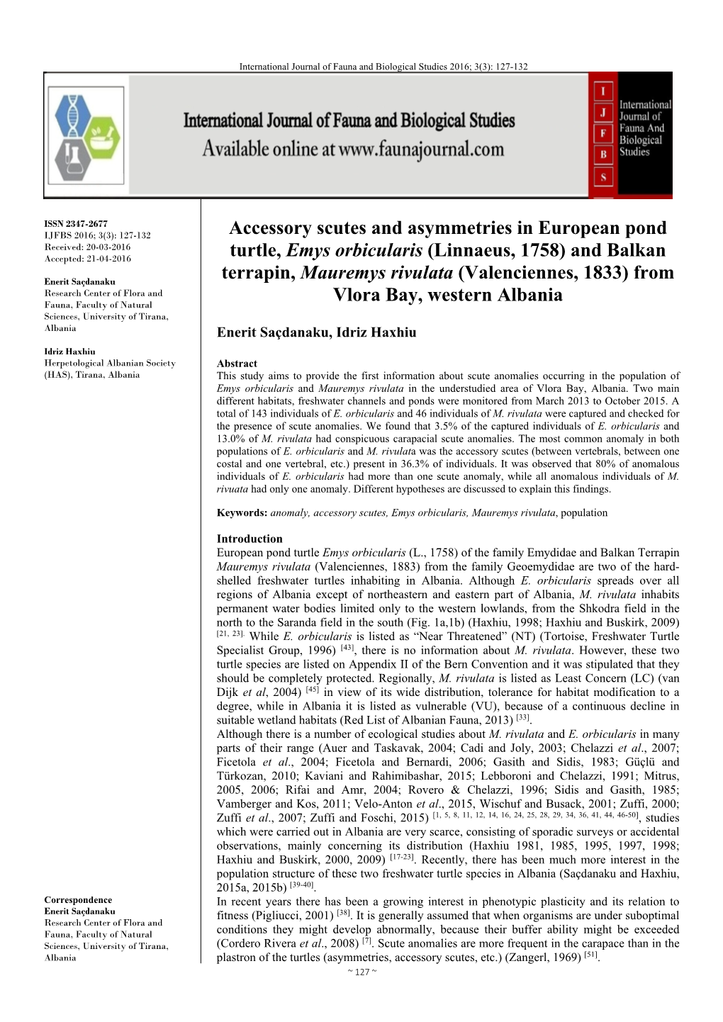 Accessory Scutes and Asymmetries in European Pond Turtle, Emys