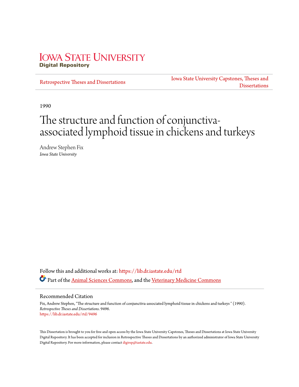 Associated Lymphoid Tissue in Chickens and Turkeys Andrew Stephen Fix Iowa State University