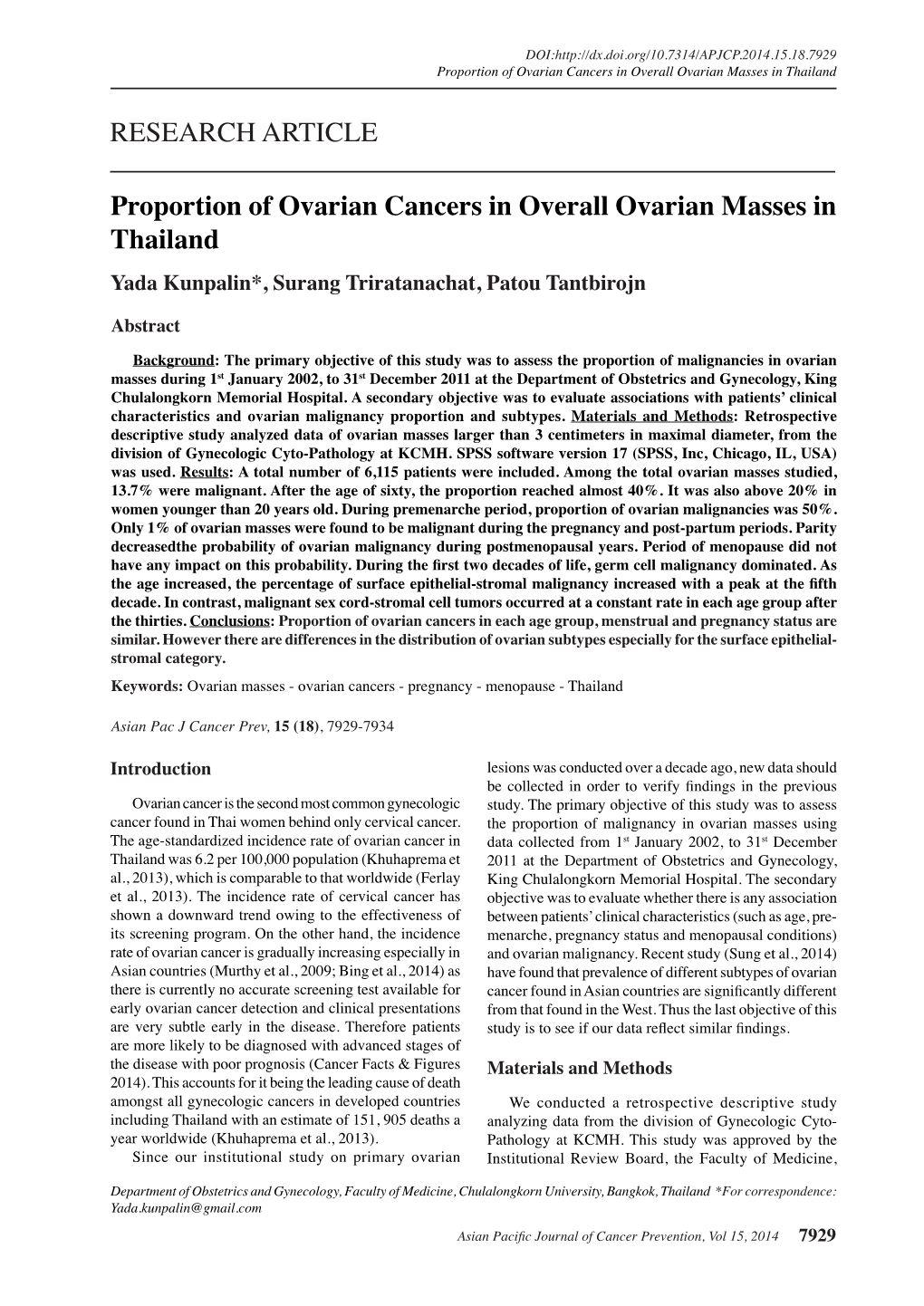 Proportion of Ovarian Cancers in Overall Ovarian Masses in Thailand