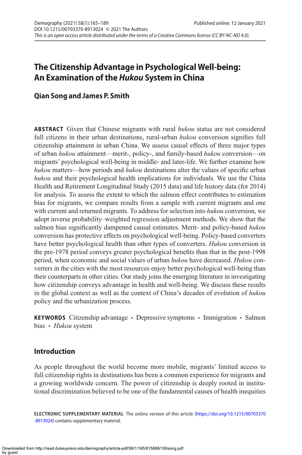 The Citizenship Advantage in Psychological Well-Being:­ an Examination of the Hukou System in China