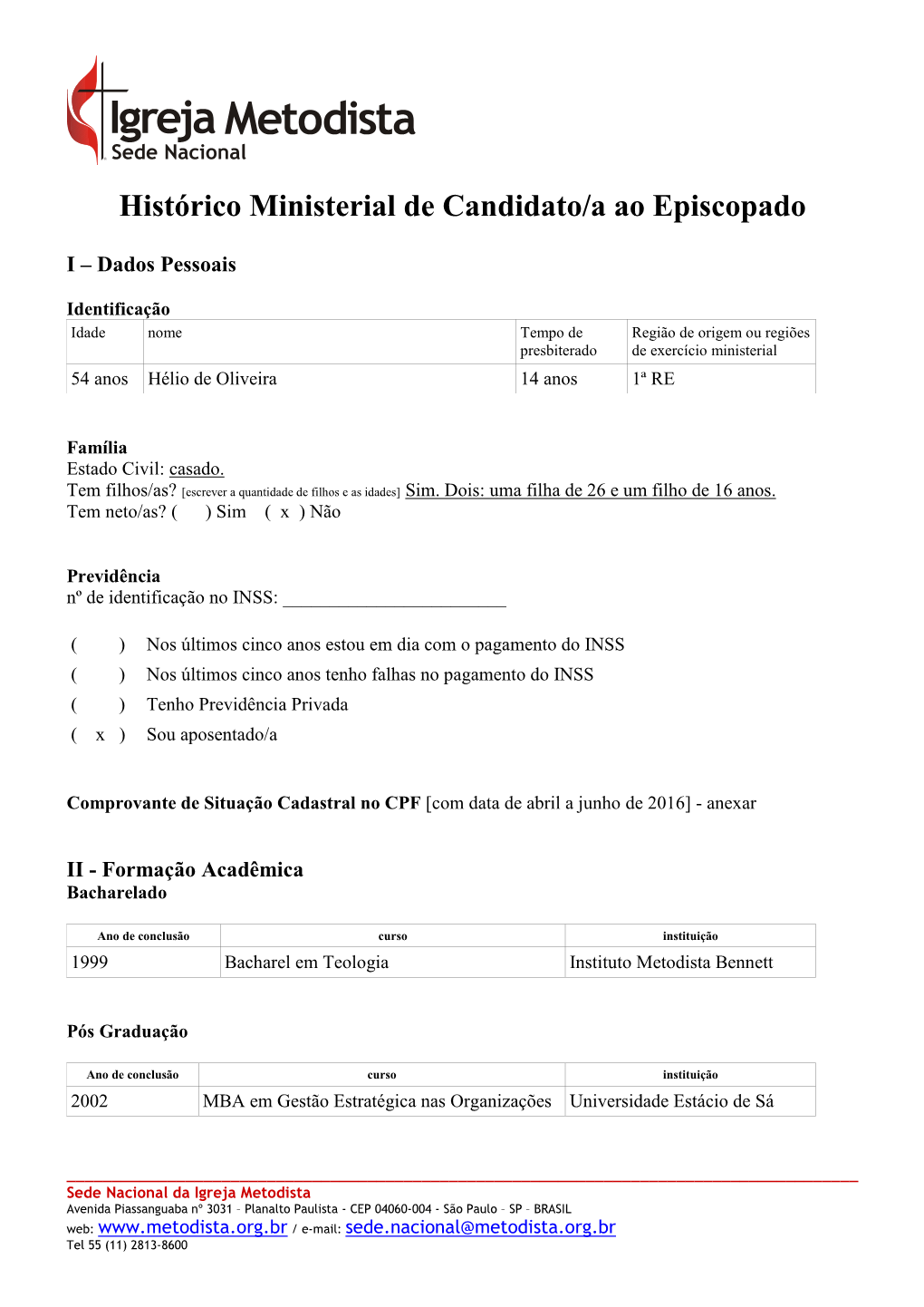 Histórico Ministerial De Candidato/A Ao Episcopado