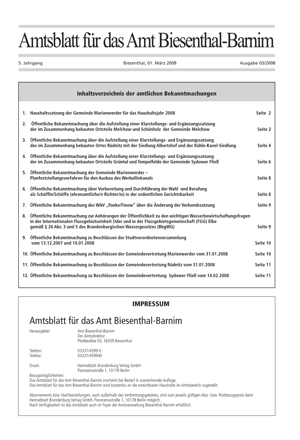 Amtsblatt Für Das Amt Biesenthal-Barnim