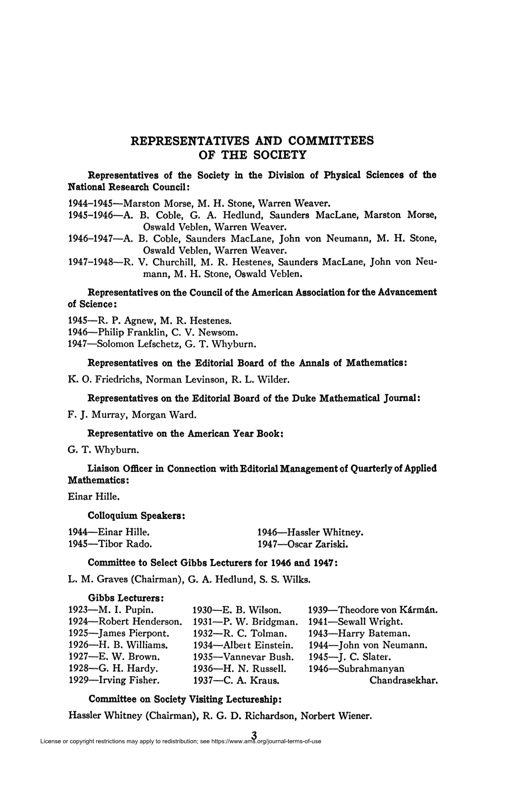 Representatives and Committees of the Society