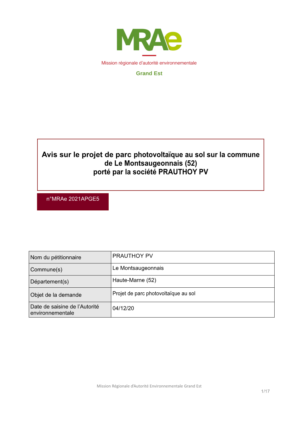 Avis Sur Le Projet De Parc Photovoltaïque Au Sol Sur La Commune De Le Montsaugeonnais (52) Porté Par La Société PRAUTHOY PV