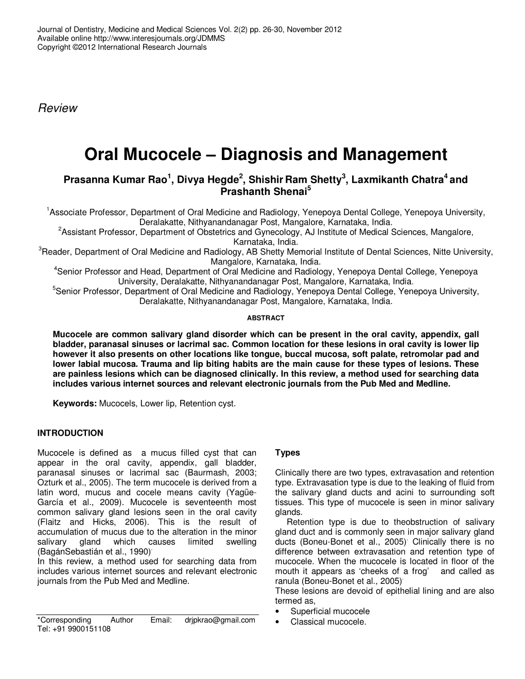 Oral Mucocele – Diagnosis and Management