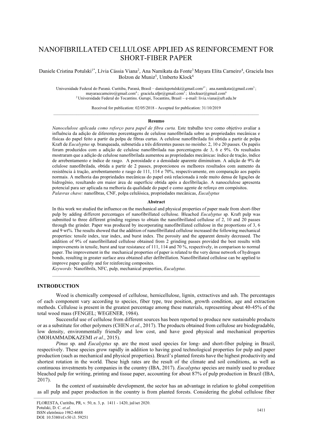 Nanofibrillated Cellulose Applied As Reinforcement for Short-Fiber Paper