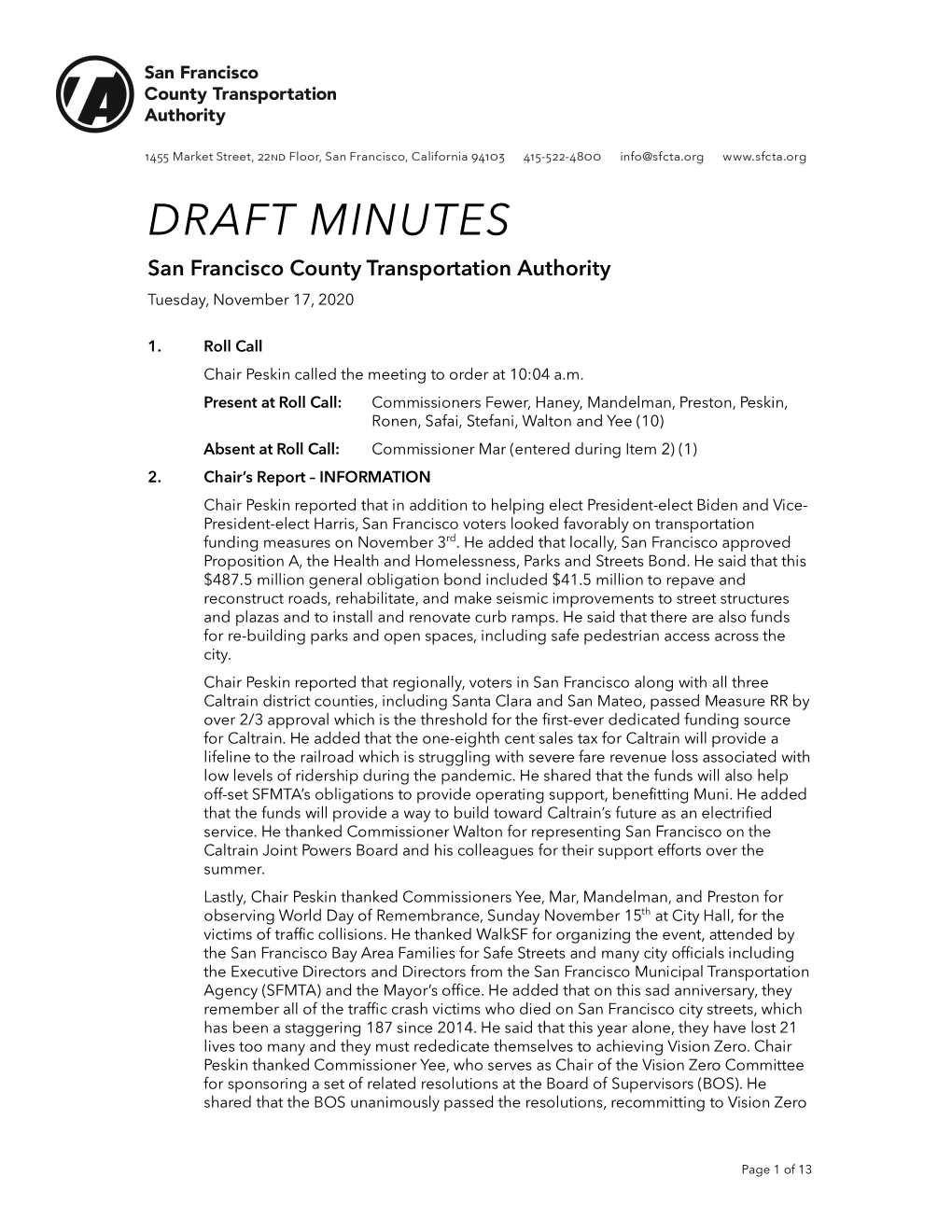 DRAFT MINUTES San Francisco County Transportation Authority Tuesday, November 17, 2020