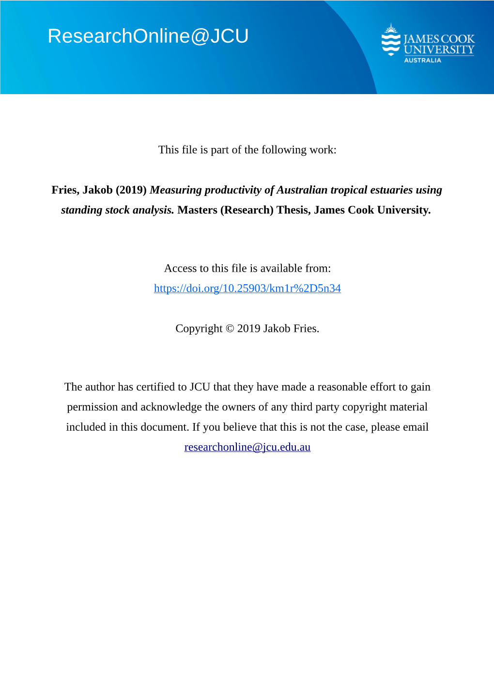 Measuring Productivity of Australian Tropical Estuaries Using Standing Stock Analysis