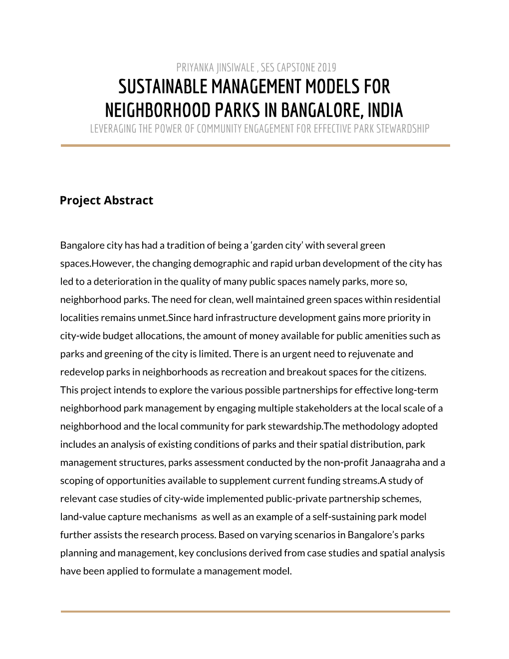 Sustainable Management Models for Neighborhood Parks in Bangalore, India Leveraging the Power of Community Engagement for Effective Park Stewardship