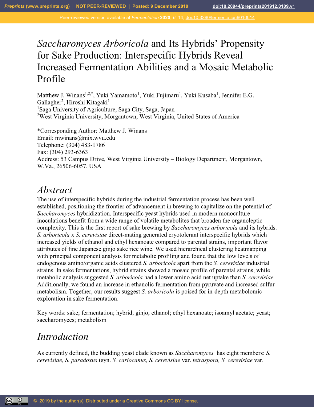 Interspecific Hybrids Reveal Increased Fermentation Abilities and a Mosaic Metabolic Profile