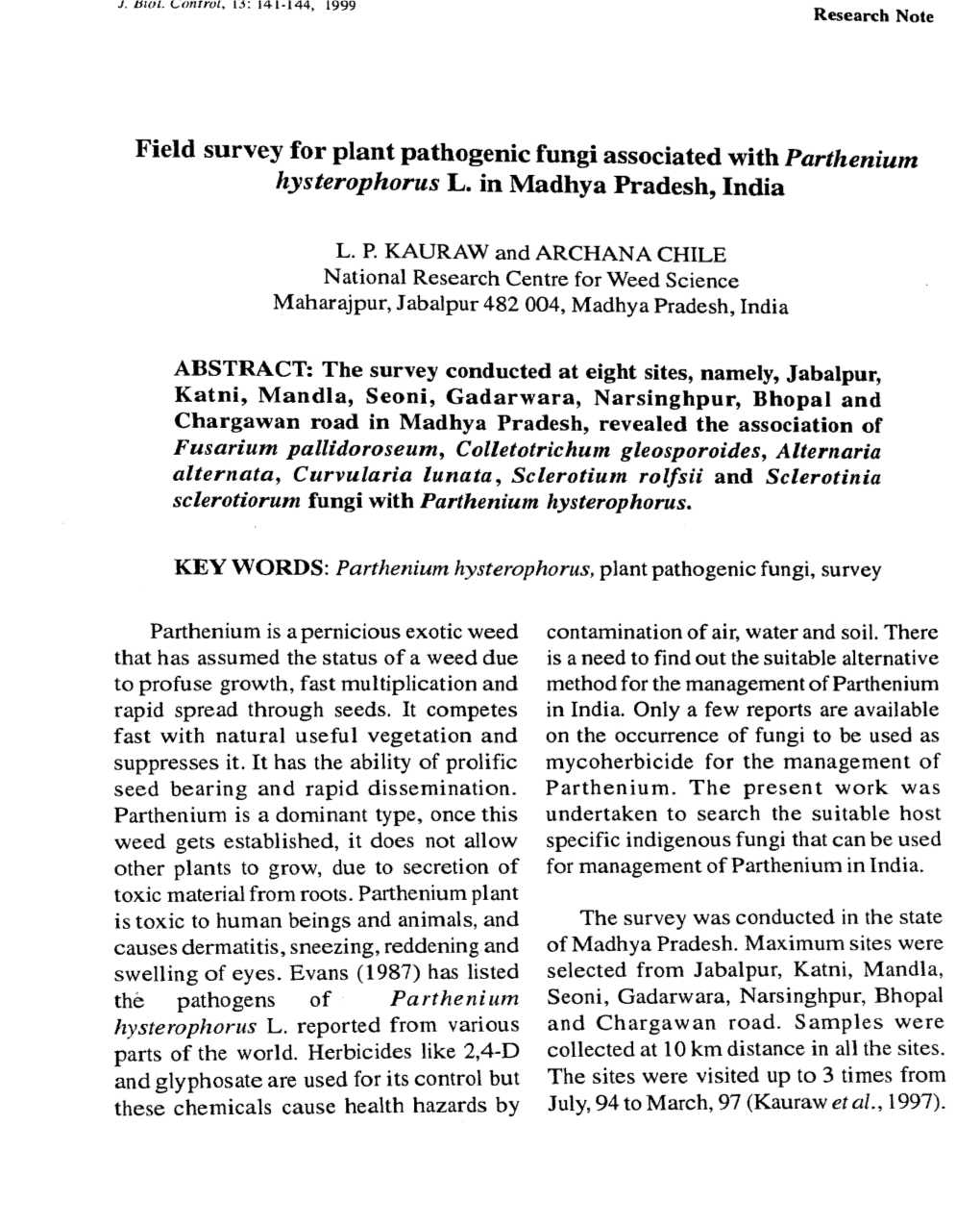 Field Survey for Plant Pathogenic Fungi Associated with Parthenium Hysterophorus L