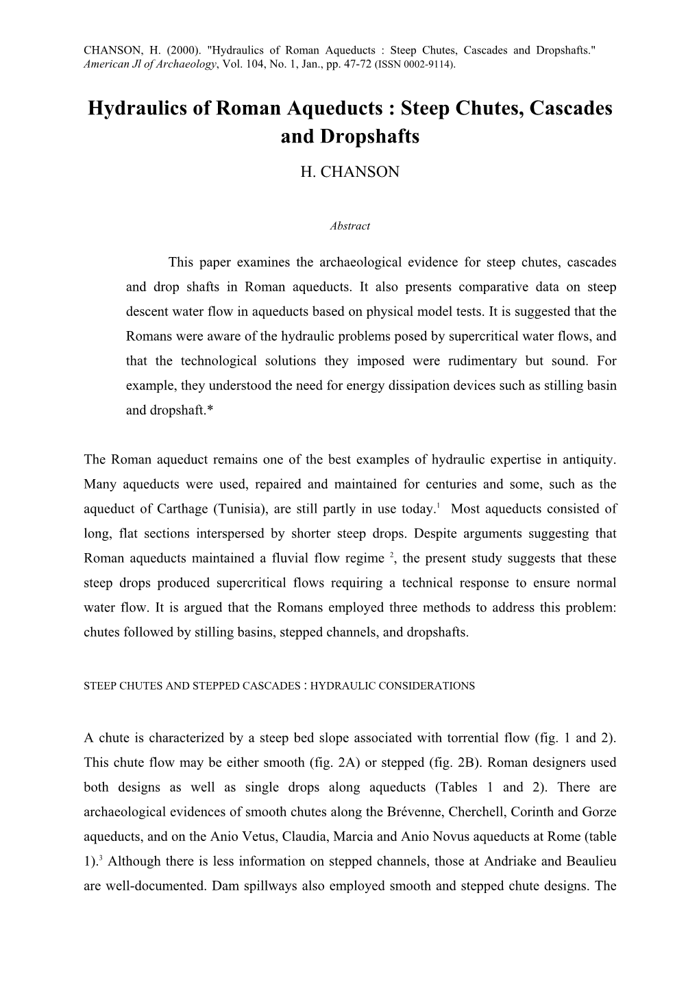 Hydraulics of Roman Aqueducts : Steep Chutes, Cascades and Dropshafts.
