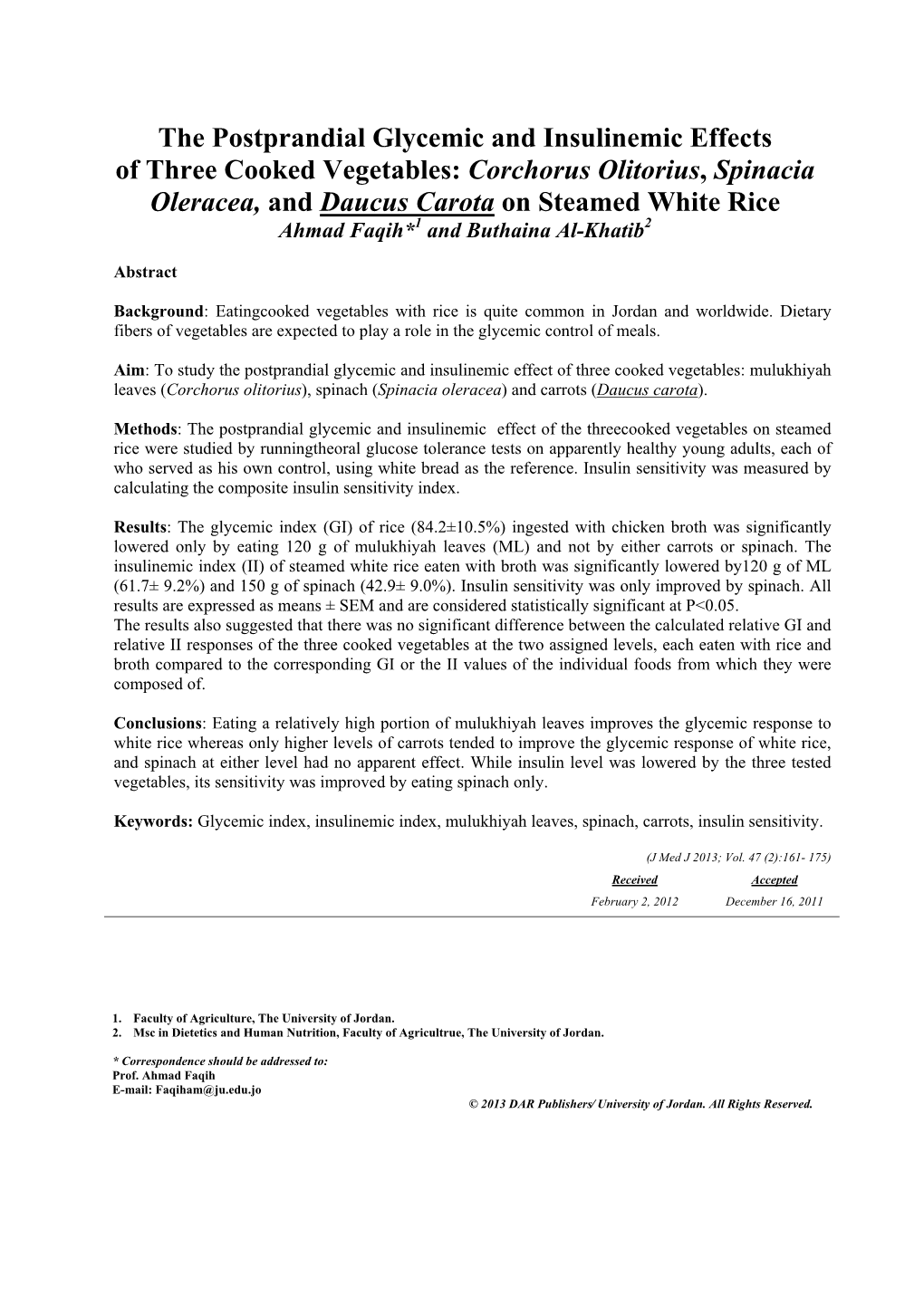 The Postprandial Glycemic and Insulinemic Effects of Three Cooked Vegetables