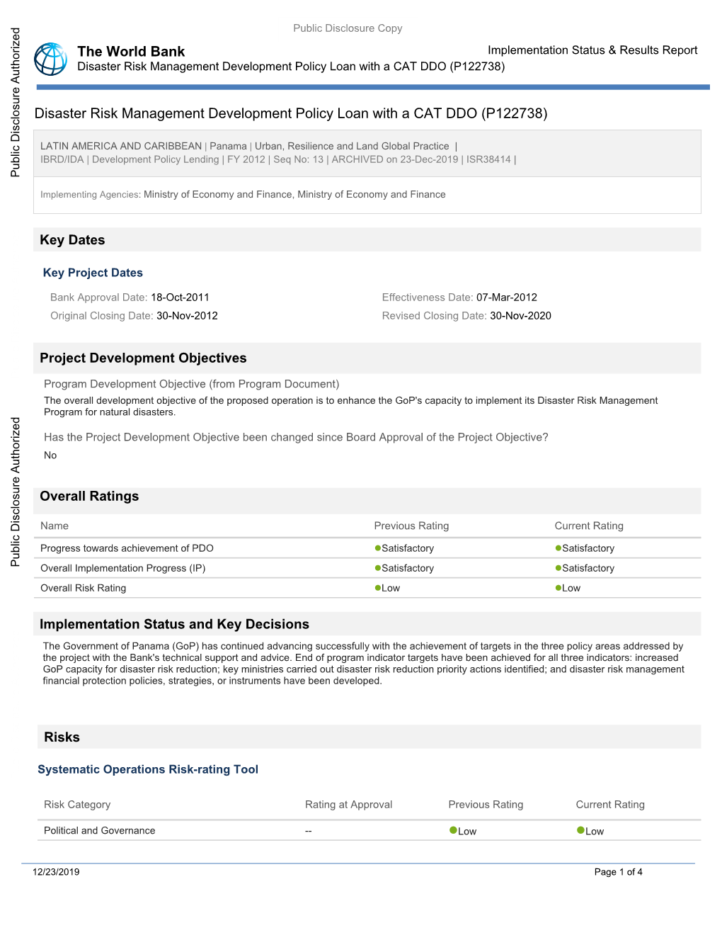 Implementation Status & Results Report Disaster Risk Management Development Policy Loan with a CAT