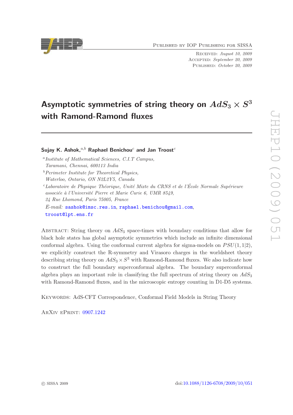 JHEP10(2009)051 3 3 2), | S 1 Ads , (1 × 3 Heory P SU August 10, 2009 October 20, 2009 : : September 20, 2009 : Ads Received , Published Unting in D1-D5 Systems