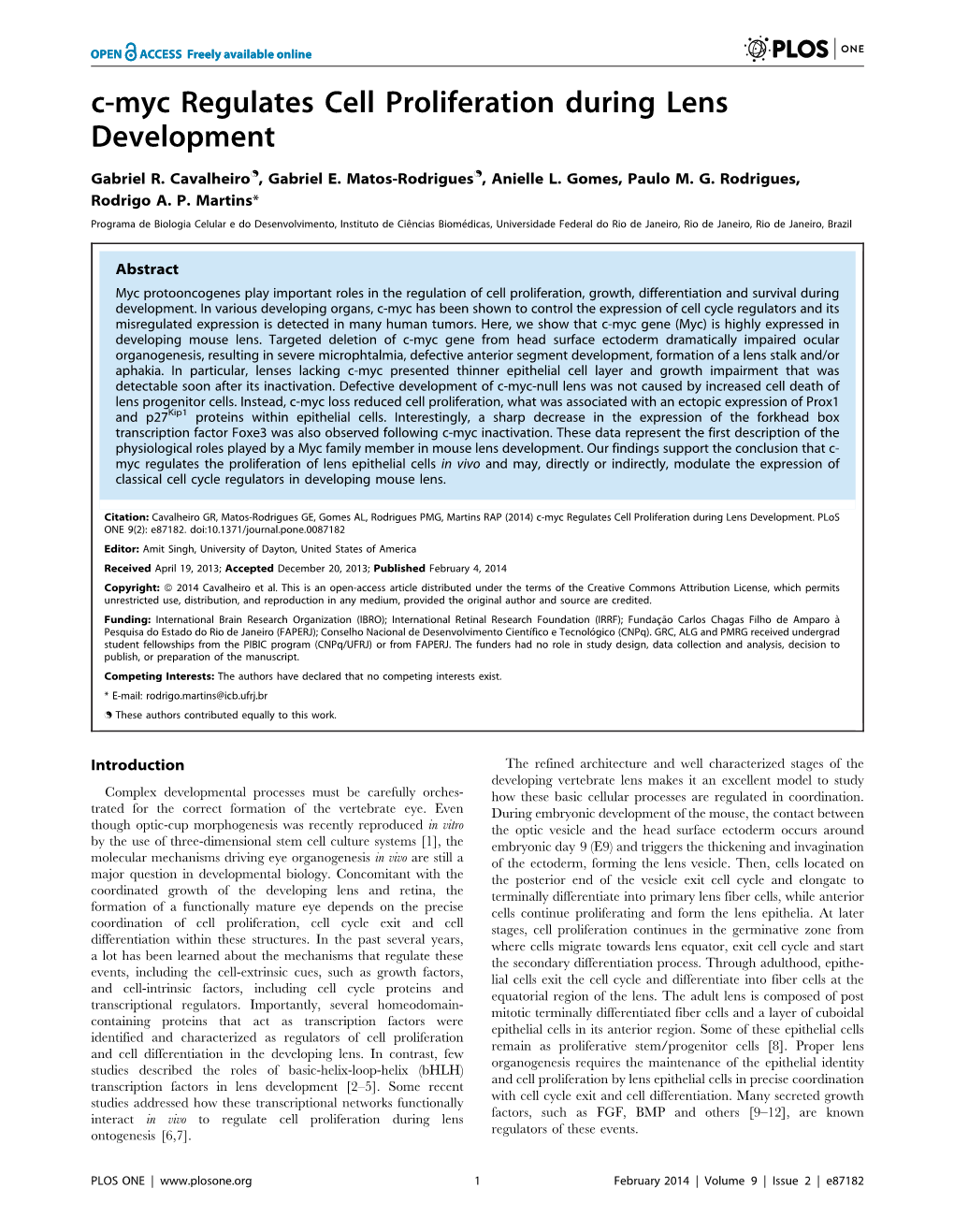 C-Myc Regulates Cell Proliferation During Lens Development