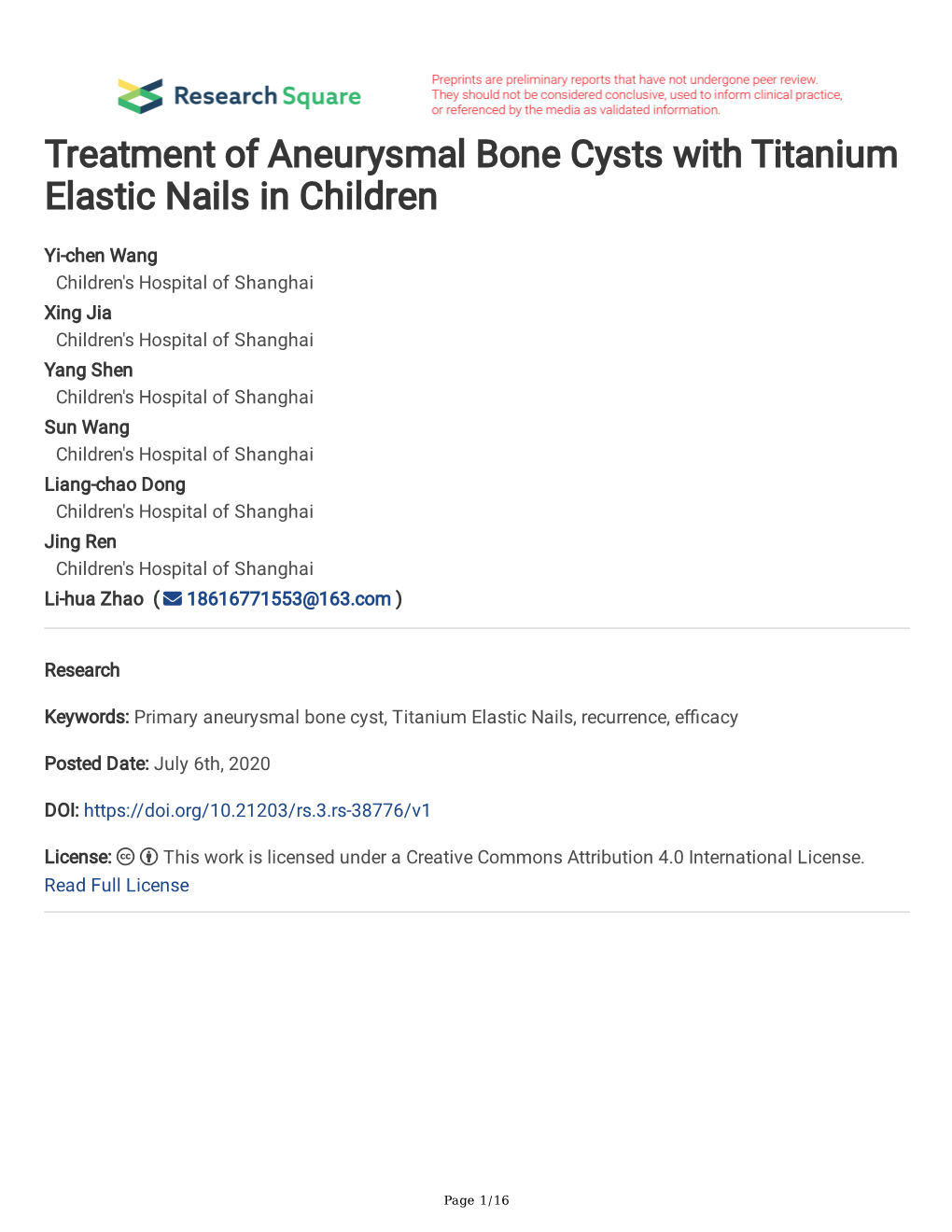 Treatment of Aneurysmal Bone Cysts with Titanium Elastic Nails in Children