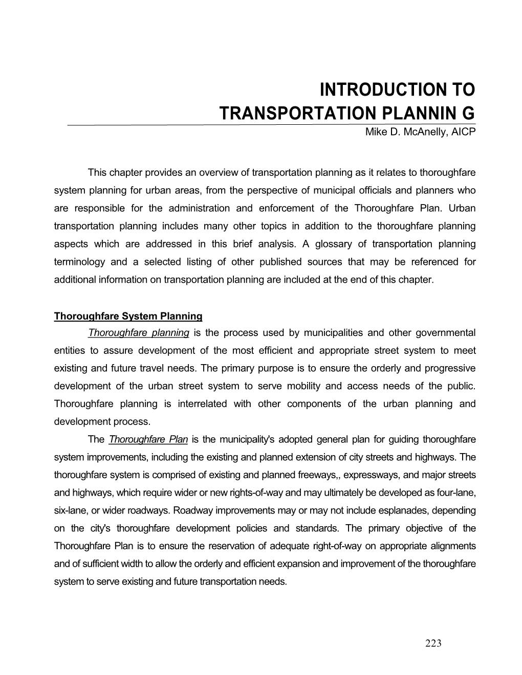 Introduction to Transportation Plannin G