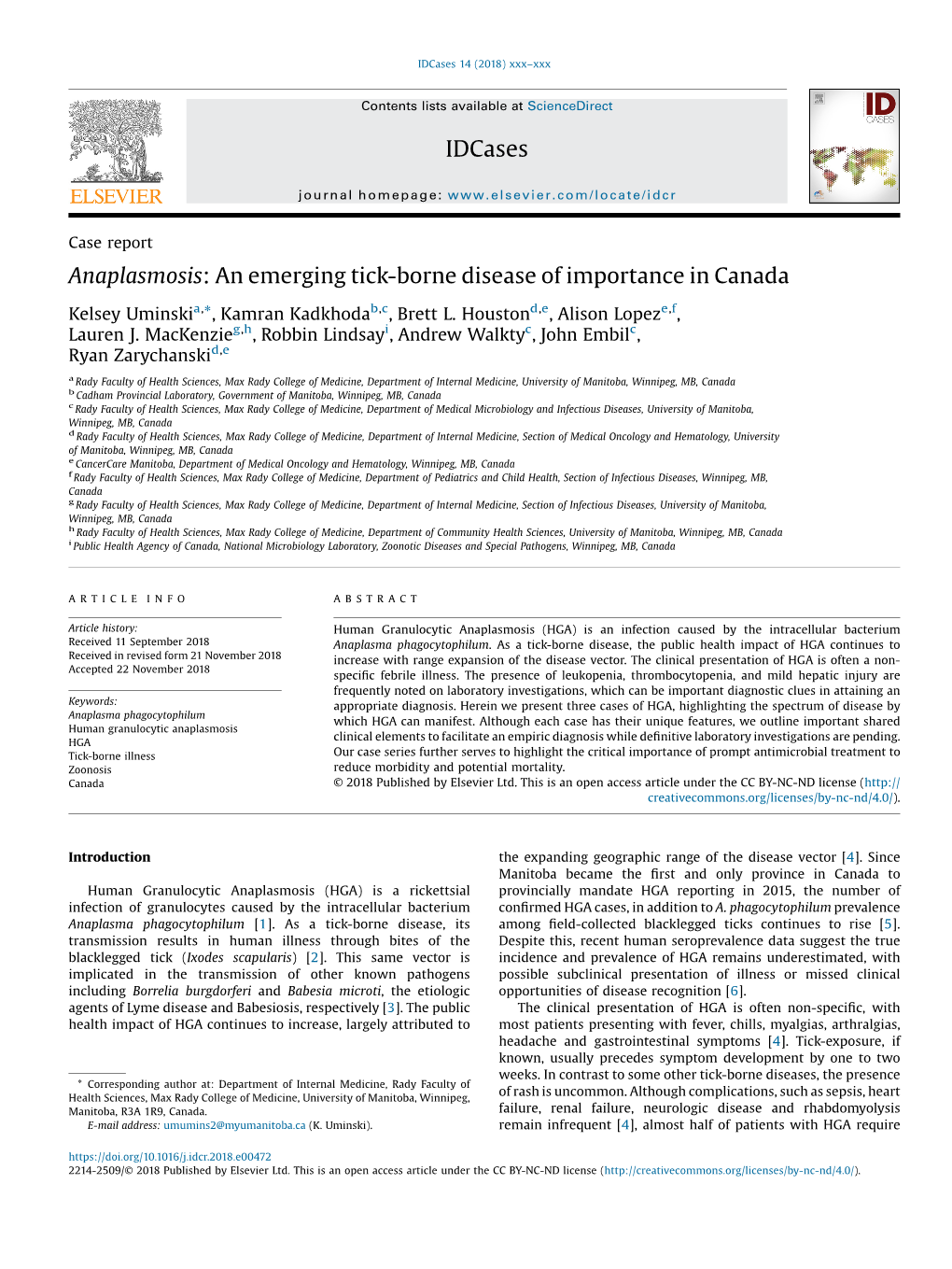 Anaplasmosis: an Emerging Tick-Borne Disease of Importance in Canada