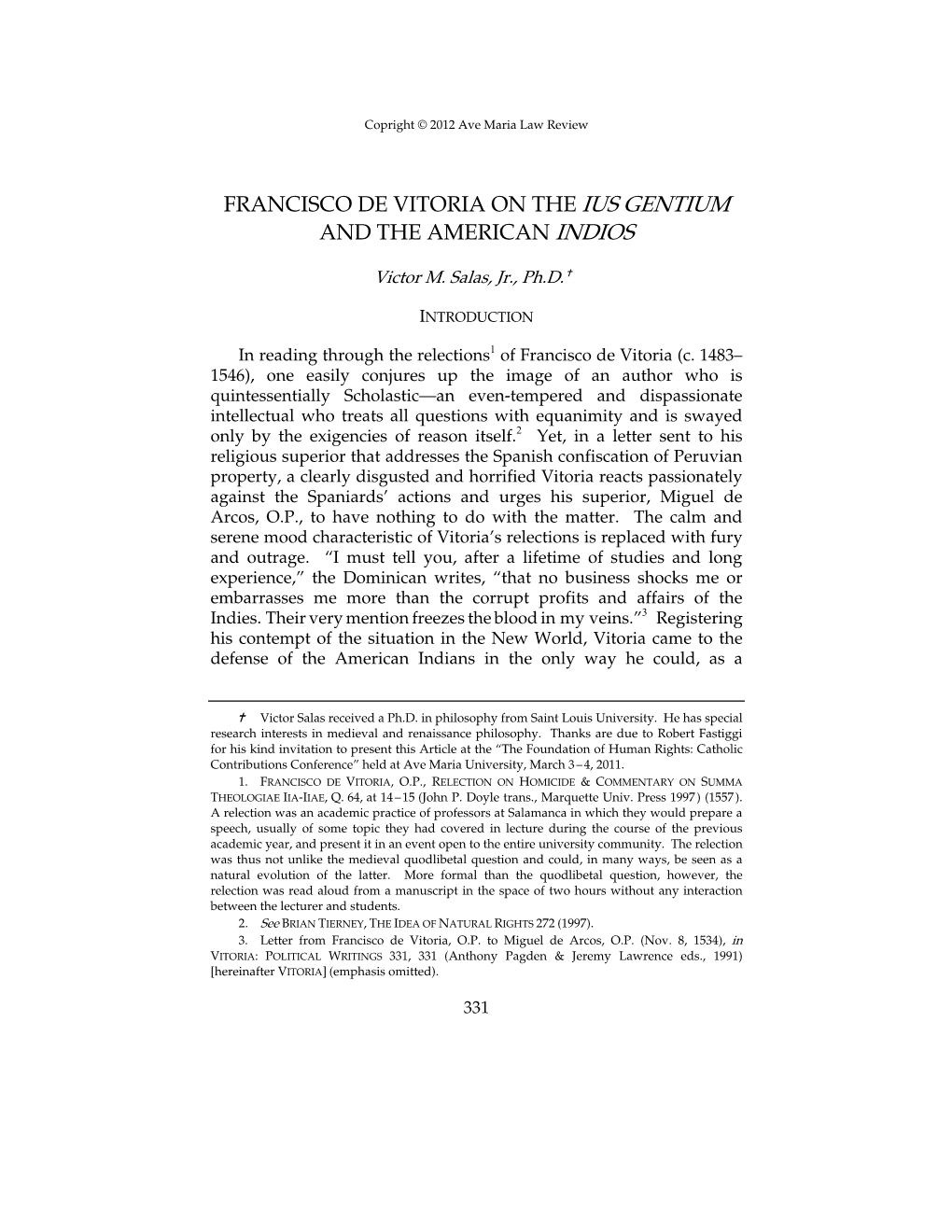 Francisco De Vitoria on the Ius Gentium and the American Indios