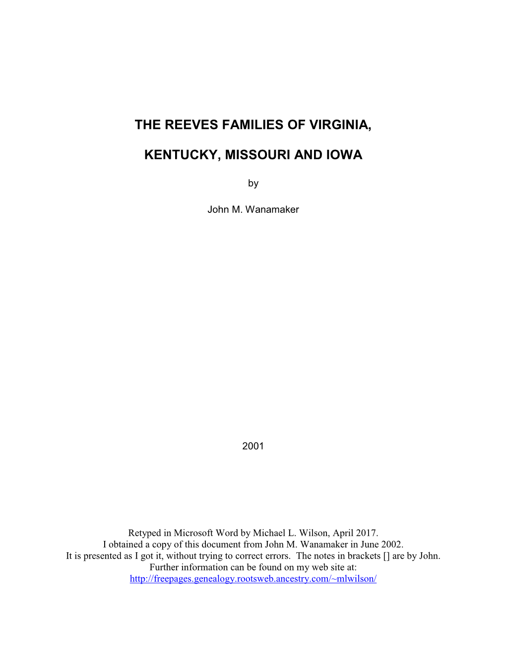 The Reeves Families of Virginia, Kentucky, Missouri and Iowa