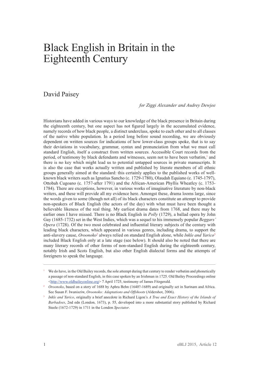 Black English in Britain in the Eighteenth Century
