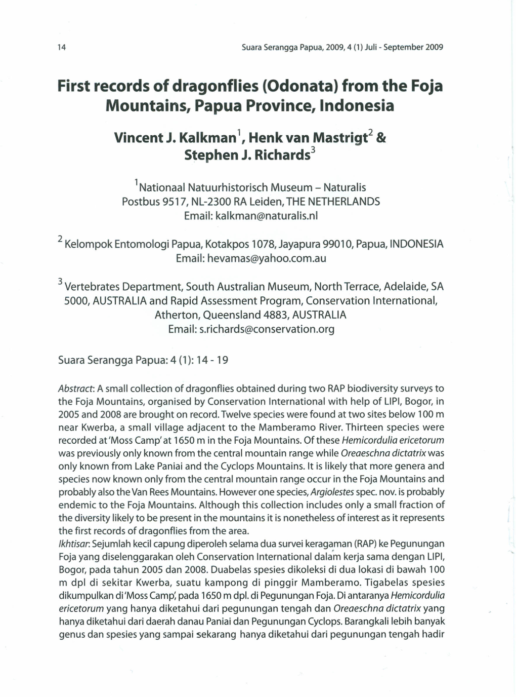 First Records of Dragonflies (Odonata) from the Foja Mountains, Papua Province, Indonesia